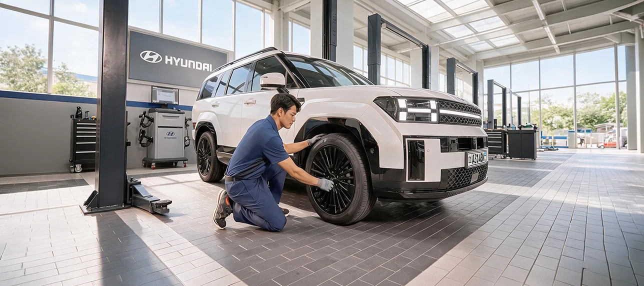 Сервис Hyundai: мастер меняет колесо автомобиля